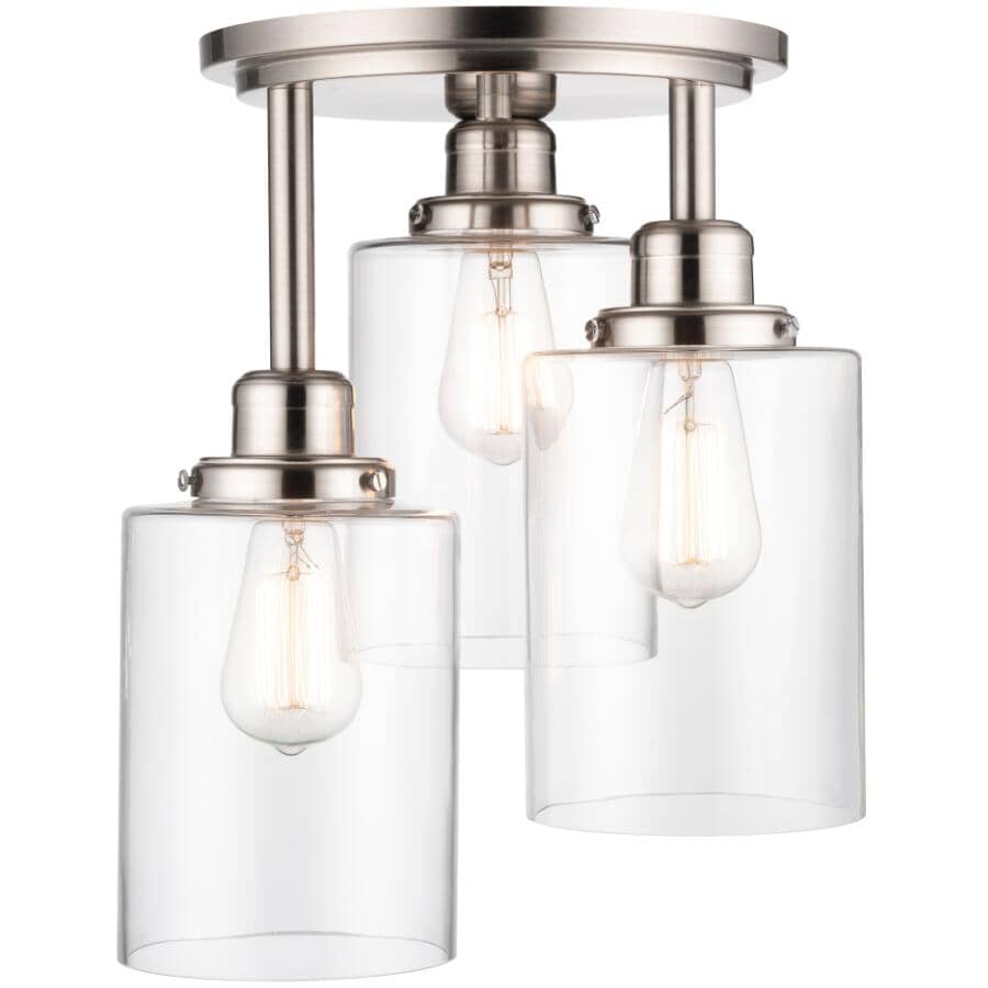 GLOBE ELECTRIC:Annecy 3 Light Flush Mount Light Fixture - Brushed Steel with Clear Glass