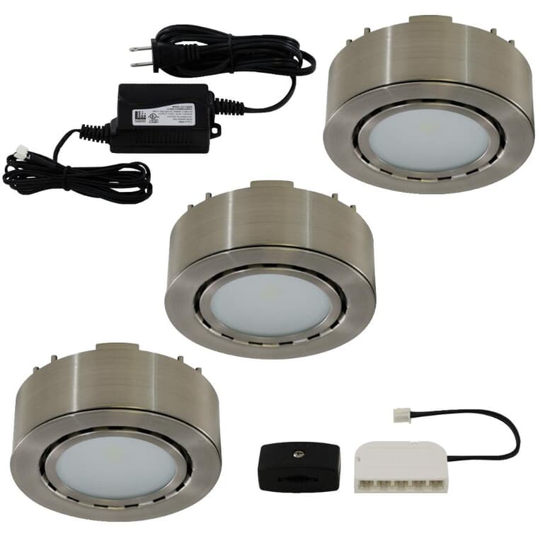 LED Mini Puck Light Fixture Kit - Matte Nickel, 3 Lights