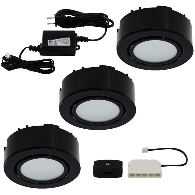 LED Mini Puck Light Fixture Kit - Black, 3 Lights