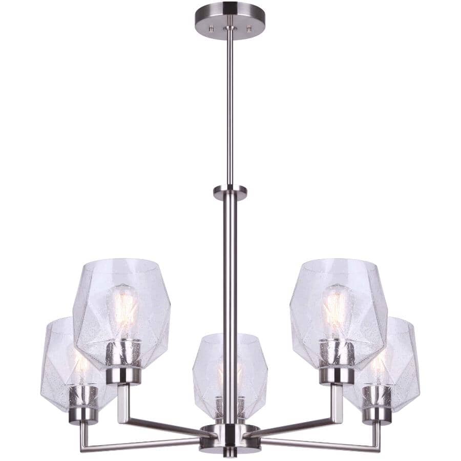 CANARM:Lenci 5 Light Rod Chandelier - Brushed Nickel with Seeded Glass