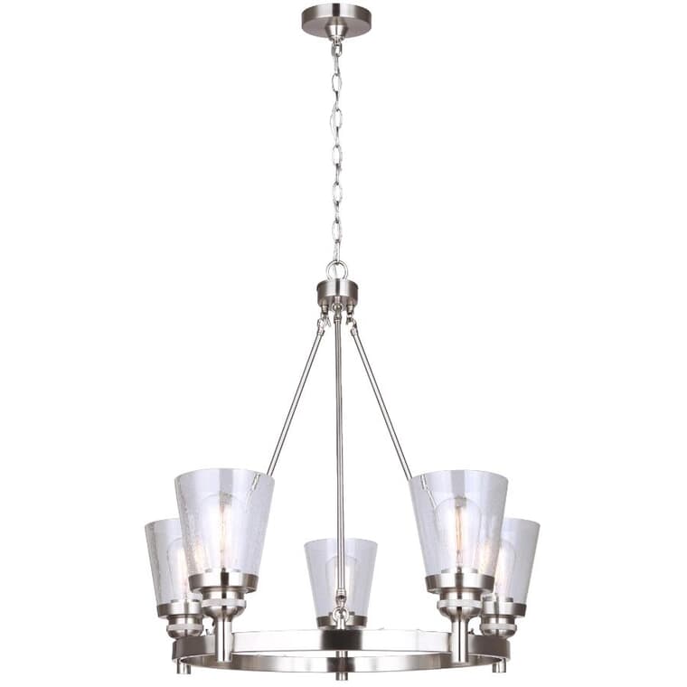 Luminaire chandelier à 5 lumières Analie, nickel brossé avec verre martelé