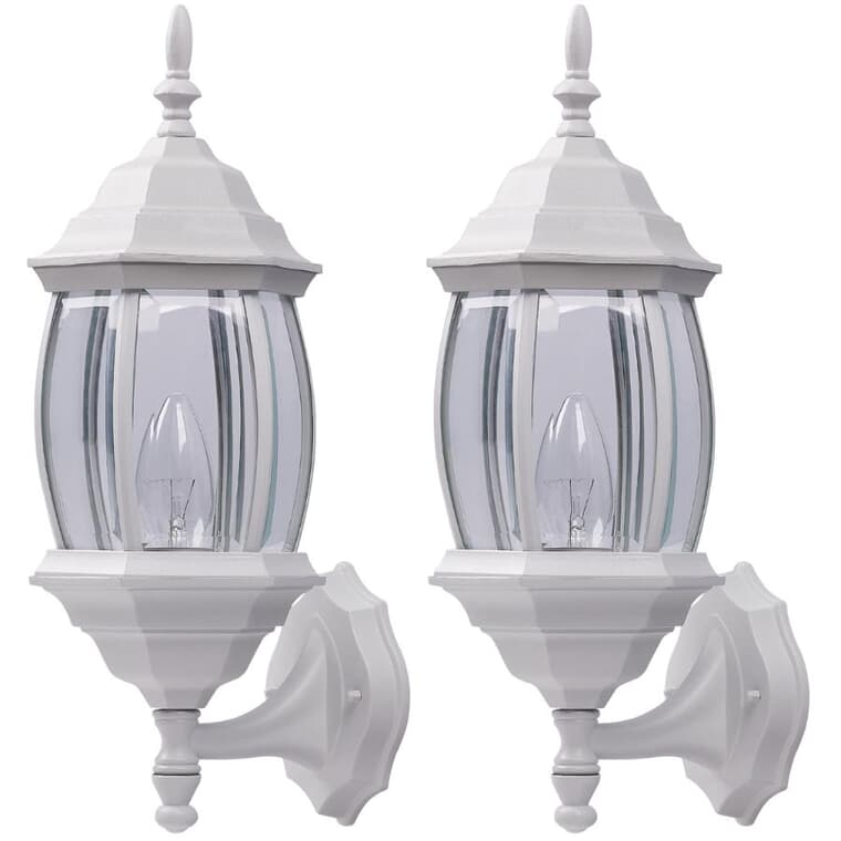 Outdoor Downward or Upward Coach Light Fixture - White with Clear Bevelled Glass, 17", 2 Pack