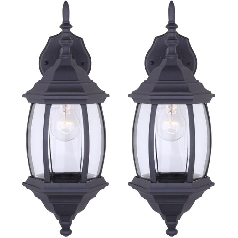 Outdoor Downward or Upward Coach Light Fixture - Black with Clear Bevelled Glass, 17'', 2 Pack