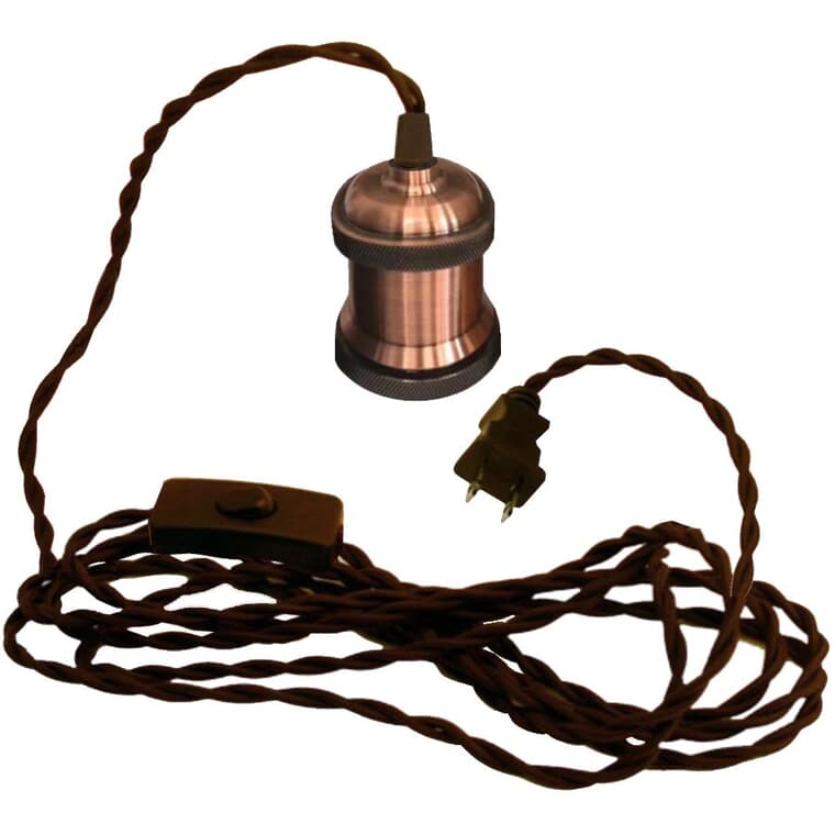 Pendant Light Cord Kit with Antique Copper Socket & Brown Fabric Cord - 15'