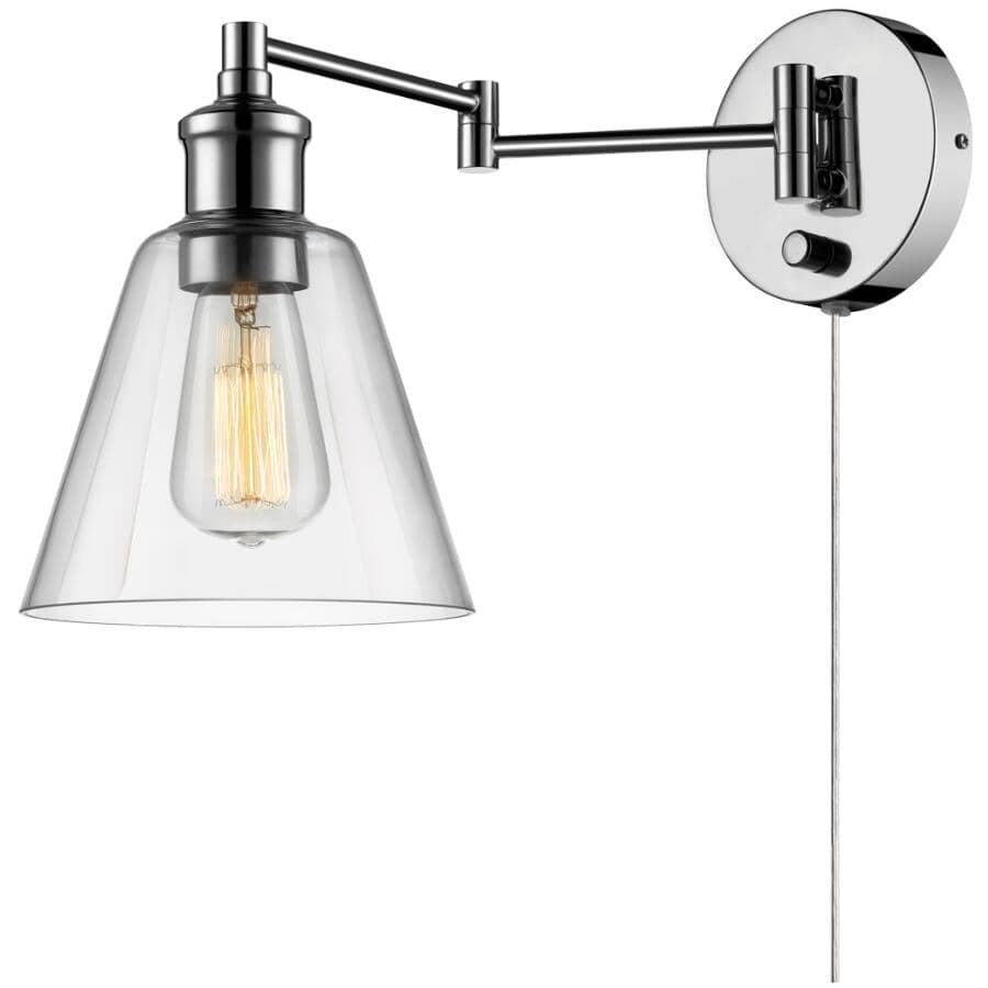 GLOBE ELECTRIC:LeClair Plug-In or Hardwired Wall Sconce - Chrome with Clear Glass & Cord