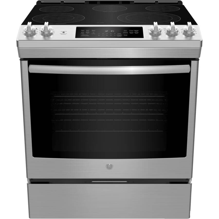 GE:30" 5.3 cu. ft. Freestanding Smooth Top Electric Convection Range (JCS840SMSS) - Self-Cleaning, Stainless Steel