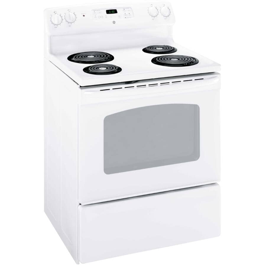 GE:30" 5.0 cu. ft. Freestanding Coil Top Electric Range (JCBS280DMWW) - Manual Clean, White