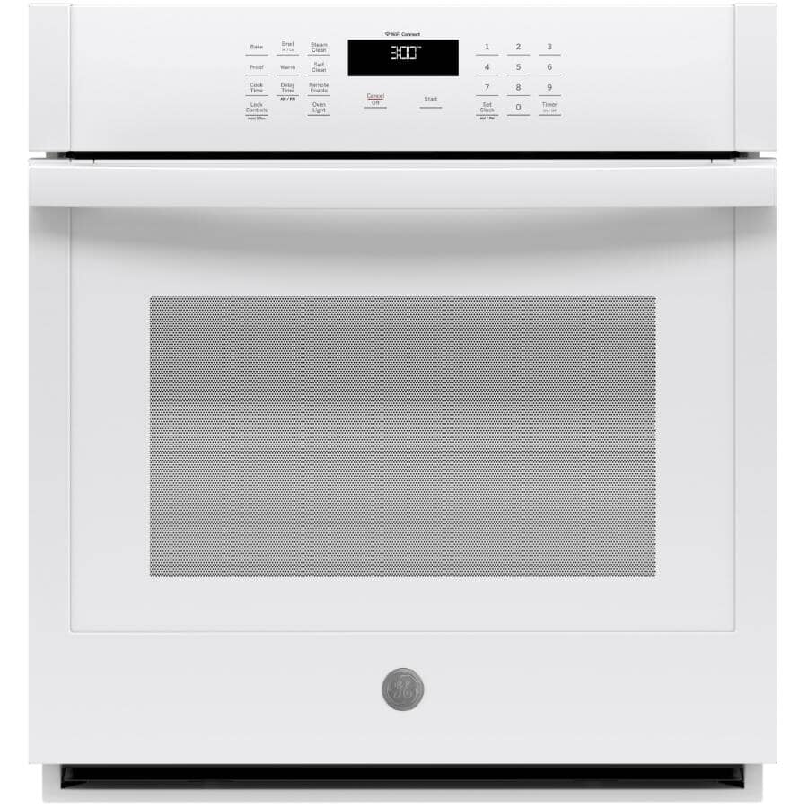 GE:27" 4.3 cu. ft. Single Wall Oven (JKS3000DNWW) - with Self Cleaning + Wifi Connection, White