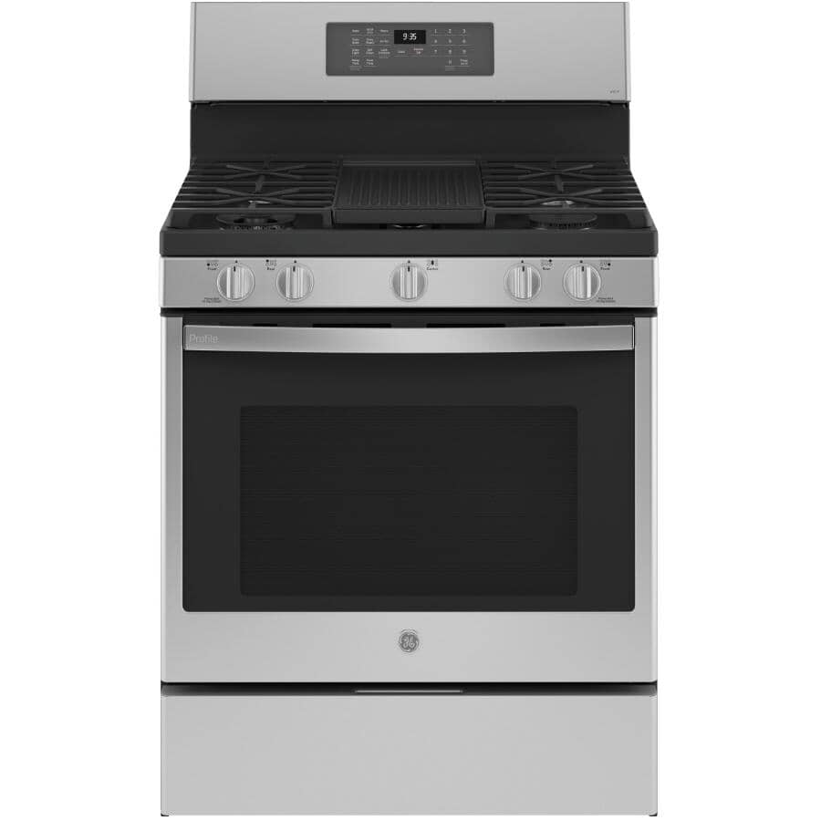 GE PROFILE:30" 5.7 cu. ft. Freestanding Convection Dual Fuel Range (PC2B935YPFS) - with No Preheat Air Fryer, Stainless Steel
