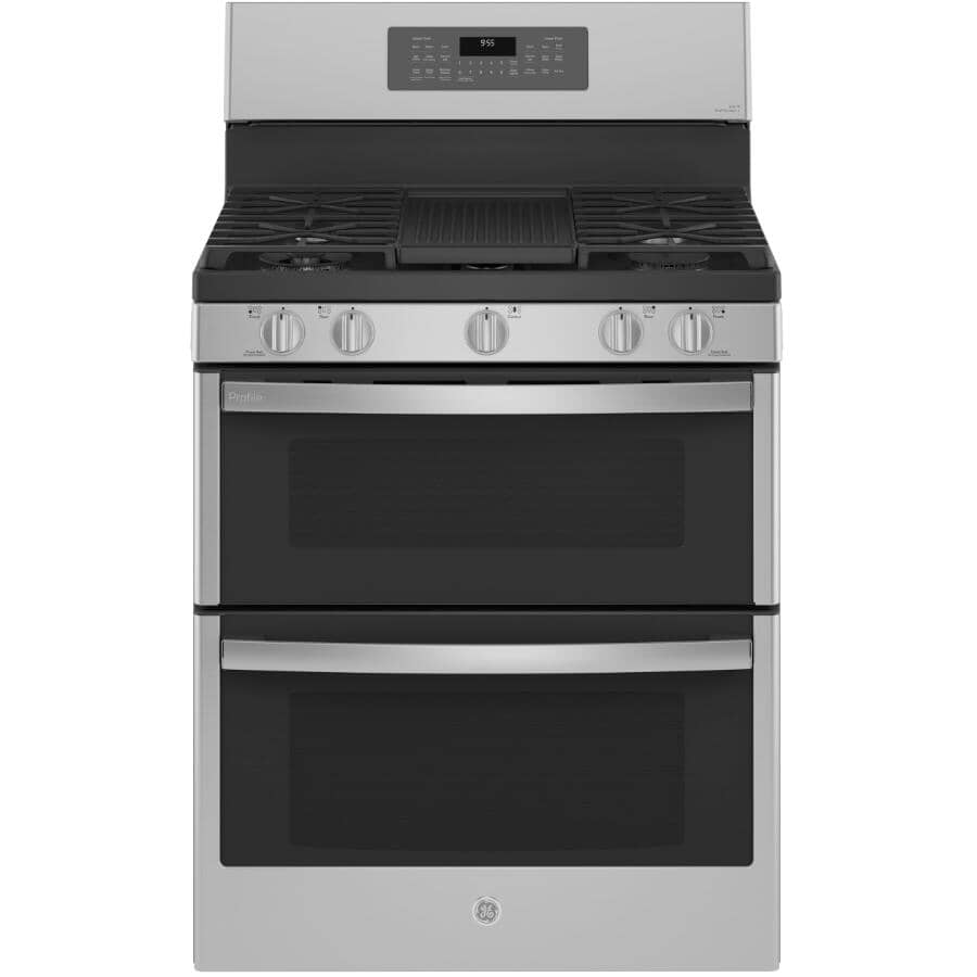 GE PROFILE:30" 6.8 cu. ft. Freestanding Convection Double Gas Range (PCGB965YPFS) - with No Preheat Air Fryer, Stainless Steel