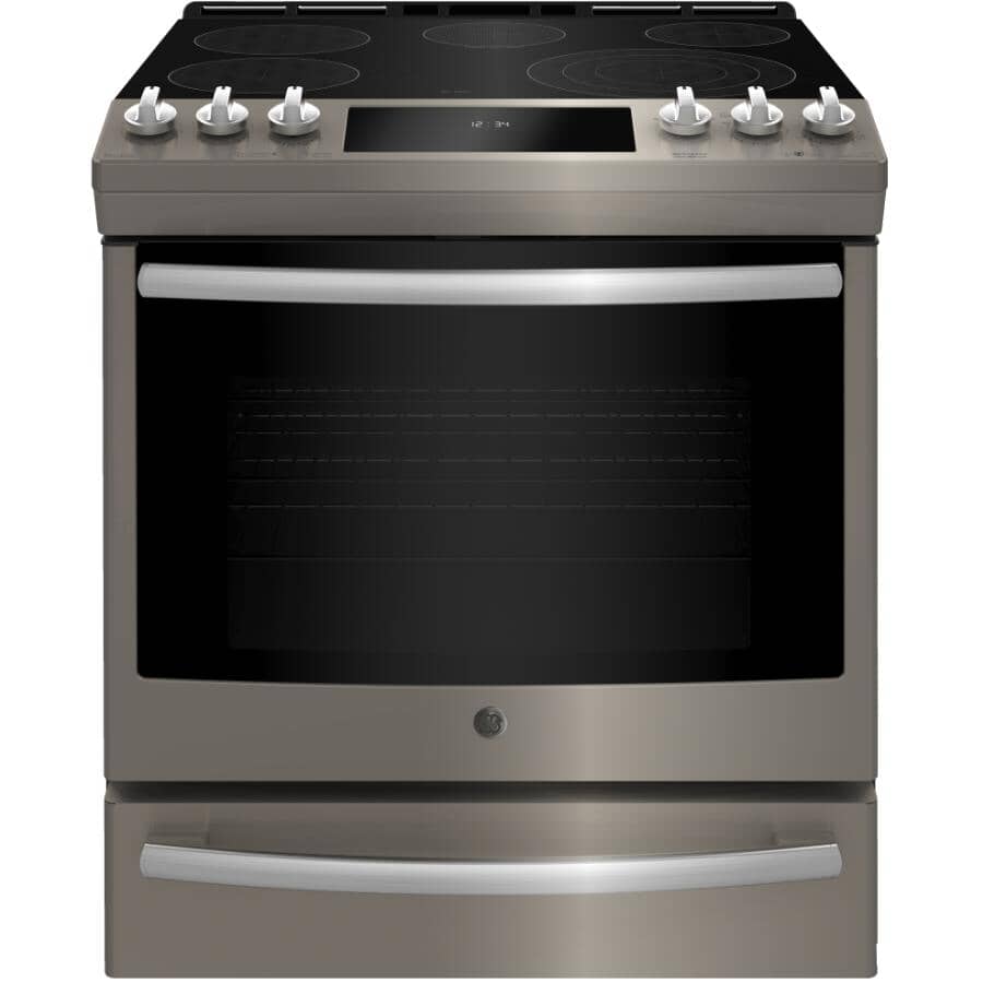 GE:30" 5.3 cu. ft. Slide-In Smooth Top Electric Convection Range (PCS940EMES) - Self-Cleaning, Slate