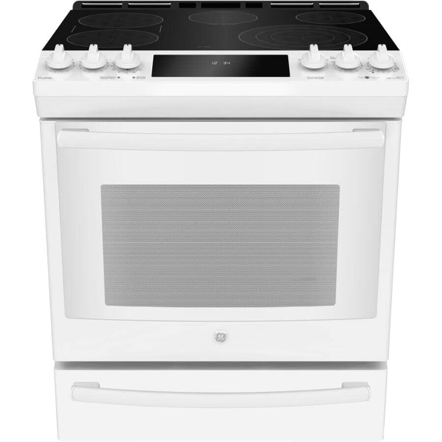 GE PROFILE:30" 5.3 cu. ft. Slide-In Smooth Top Electric Convection Range (PCS940DMWW) - Self-Cleaning, White