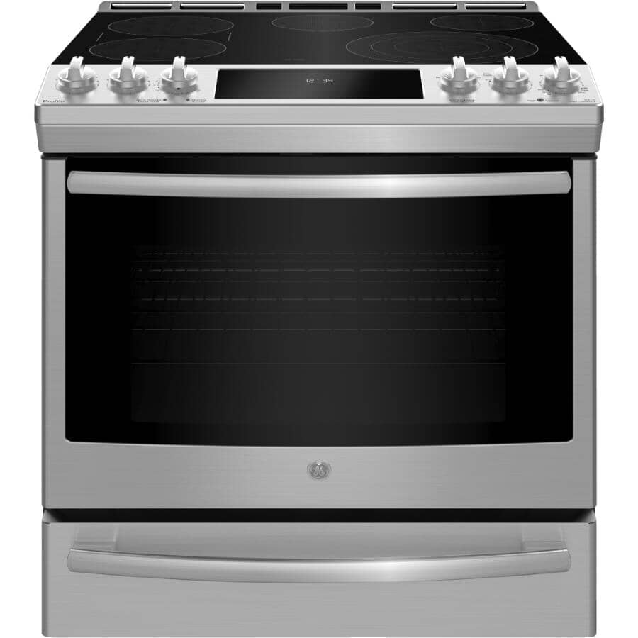 GE:30" 5.3 cu. ft. Slide-In Smooth Top Electric Convection Range (PCS940YMFS) - Self-Cleaning, Stainless Steel