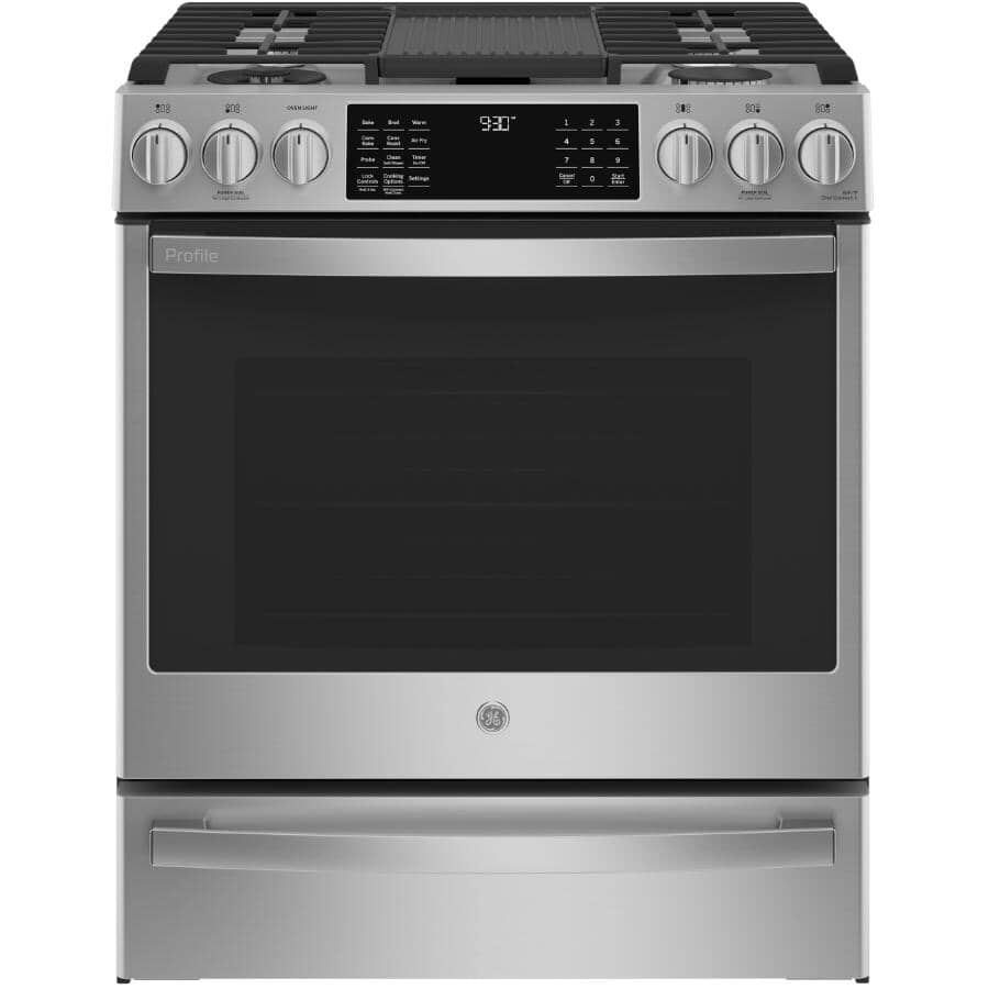 GE PROFILE:30" 5.7 cu. ft. Slide-In Convection Duel Fuel Range (PC2S930YPFS) - with No Preheat Air Fryer, Stainless Steel