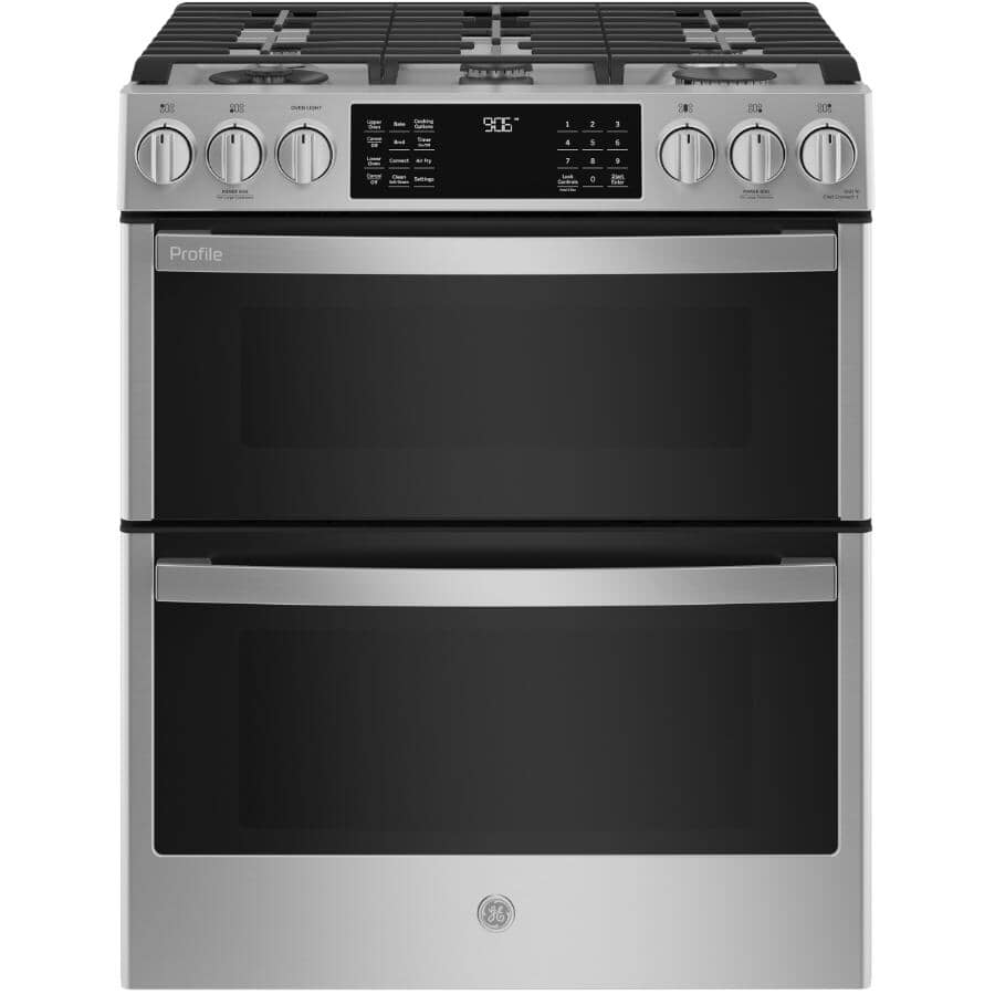 GE PROFILE:30" 6.7 cu. ft. Slide-In Convection Duel Fuel Double Range (PCGS960YPFS) - with No Preheat Air Fryer, Stainless Steel