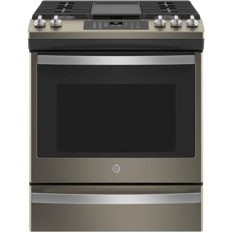 GE:30" 5.6 cu. ft. Slide-In Convection Gas Range (JCGS760EPES) - with No Preheat Air Fry, Slate