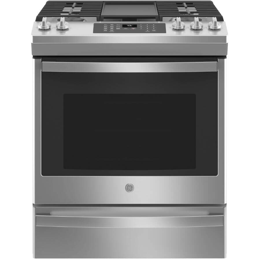 GE:30" 5.6 cu. ft. Slide-In Convection Gas Range (JCGS760SPSS) - with No Preheat Air Fry, Stainless Steel