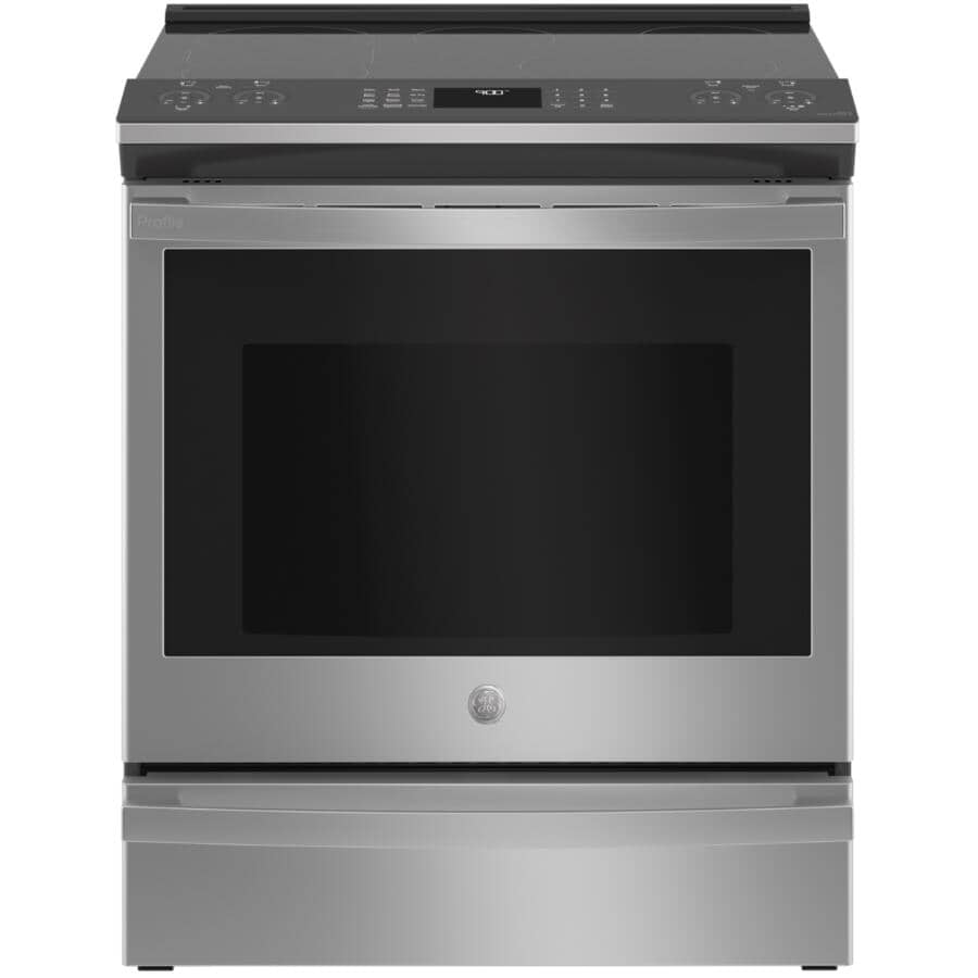 GE:30" 5.3 cu. ft. Slide-In Smooth Top Electric Convection Range (PSS93YPFS) - with Wifi Connection + No Preheat Air Fry, Stainless Steel