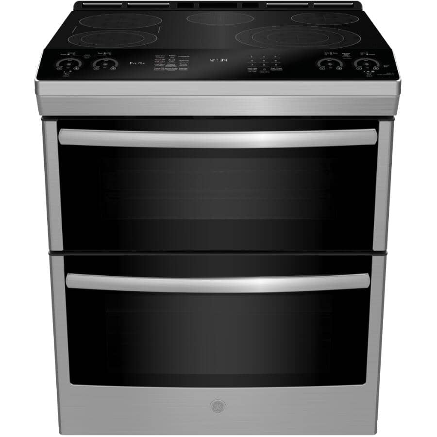 GE:30" 6.7 cu. ft. Slide-In Smooth Top Electric Convection Double Range (PCS980YMFS) - with Wifi Connection, Stainless Steel