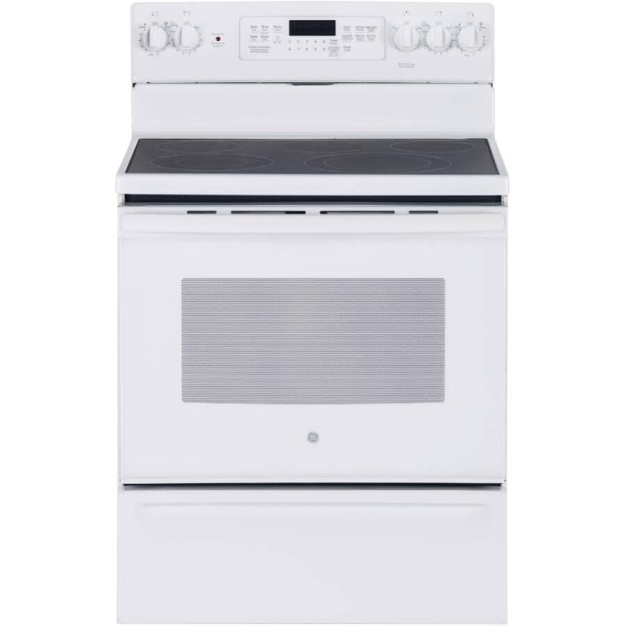 GE:30" 5.0 cu. ft. Freestanding Smooth Top Electric Convection Range (JCB840DKWW) - Self-Cleaning, White