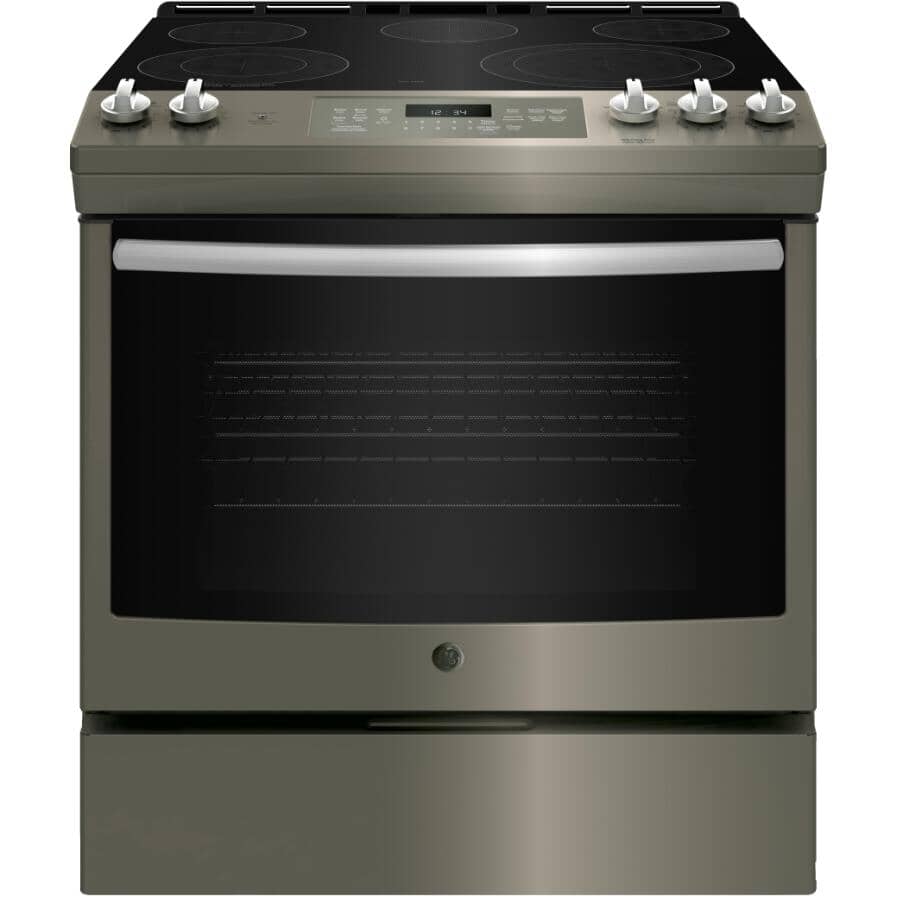 GE:30" 5.3 cu. ft. Freestanding Smooth Top Electric Convection Range (JCS840EMES) - Self-Cleaning, Slate