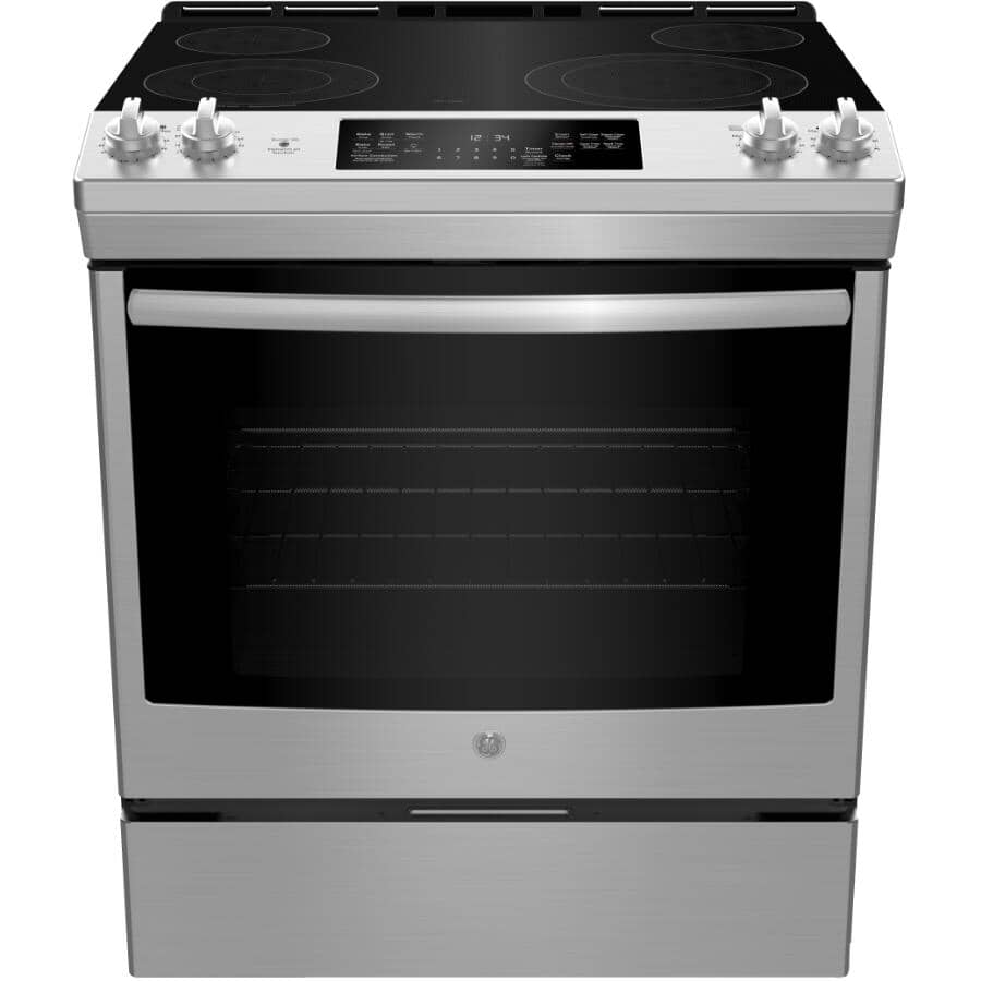 GE:30" 5.3 cu. ft. Freestanding Smooth Top Electric Convection Range (JCS830SMSS) - Self-Cleaning, Stainless Steel
