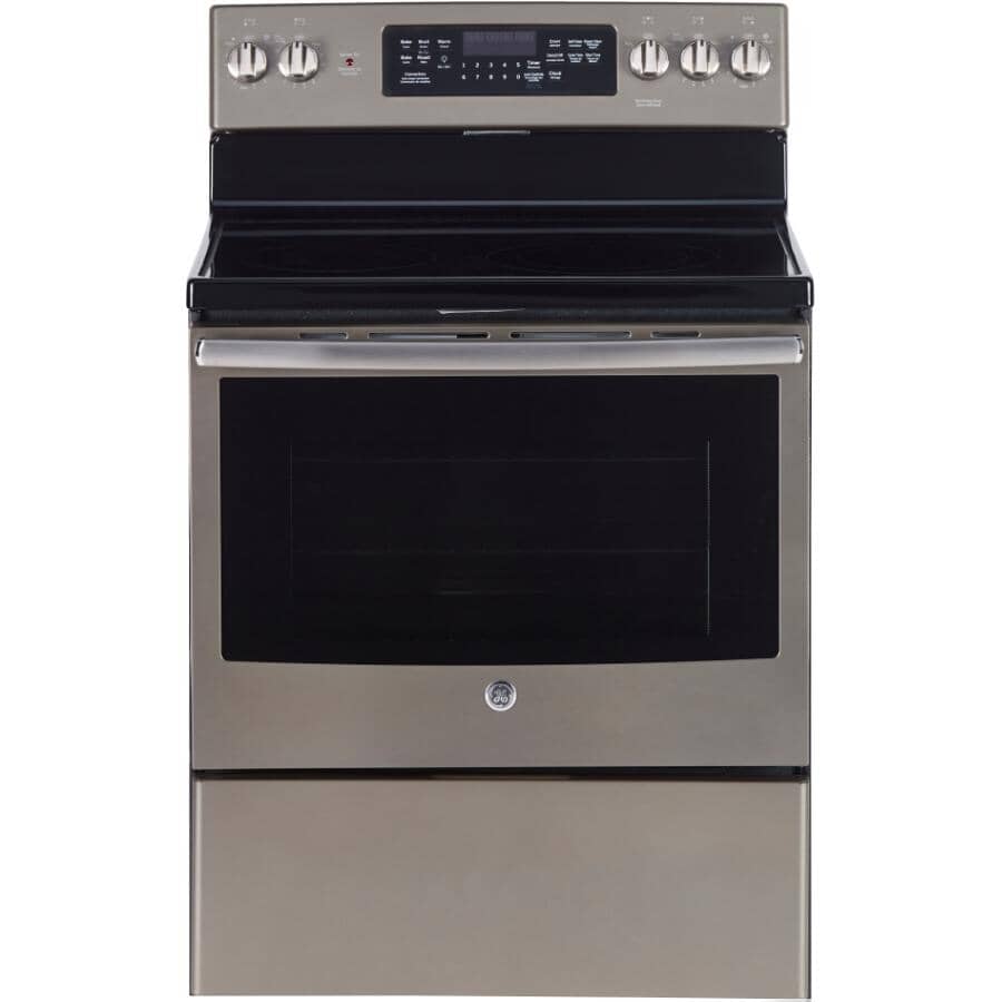 GE:30" 5.0 cu. ft. Freestanding Smooth Top Electric Convection Range (JCB840EKES) - Self-Cleaning, Slate