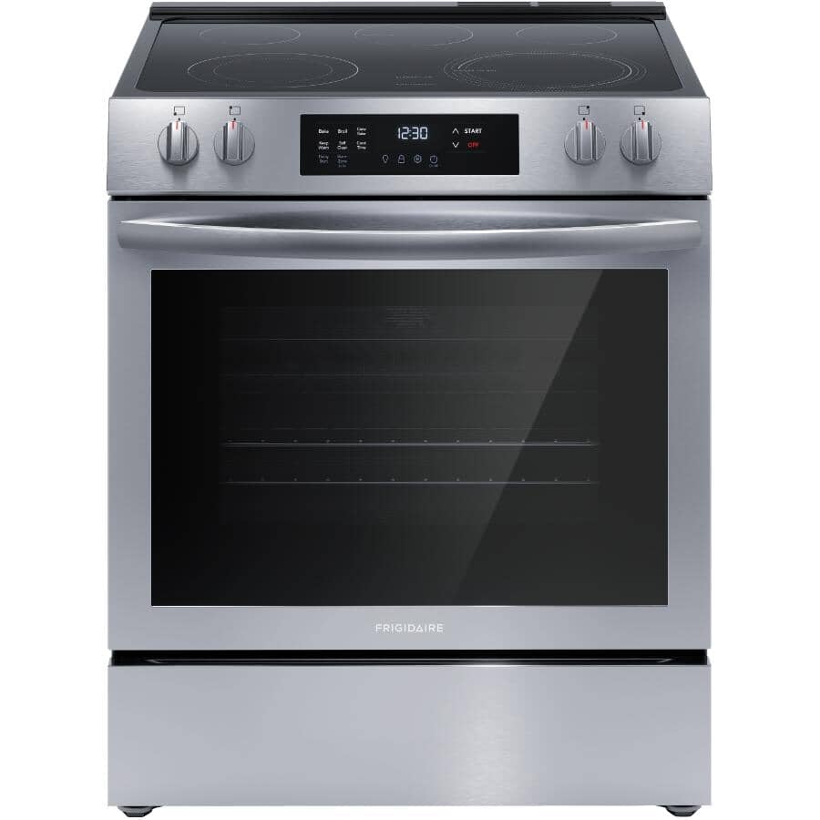 FRIGIDAIRE:30" 5.3 cu. ft. Freestanding Smooth Top Electric Range (FCFE308CAS) - Convection + Self-Cleaning, Stainless Steel