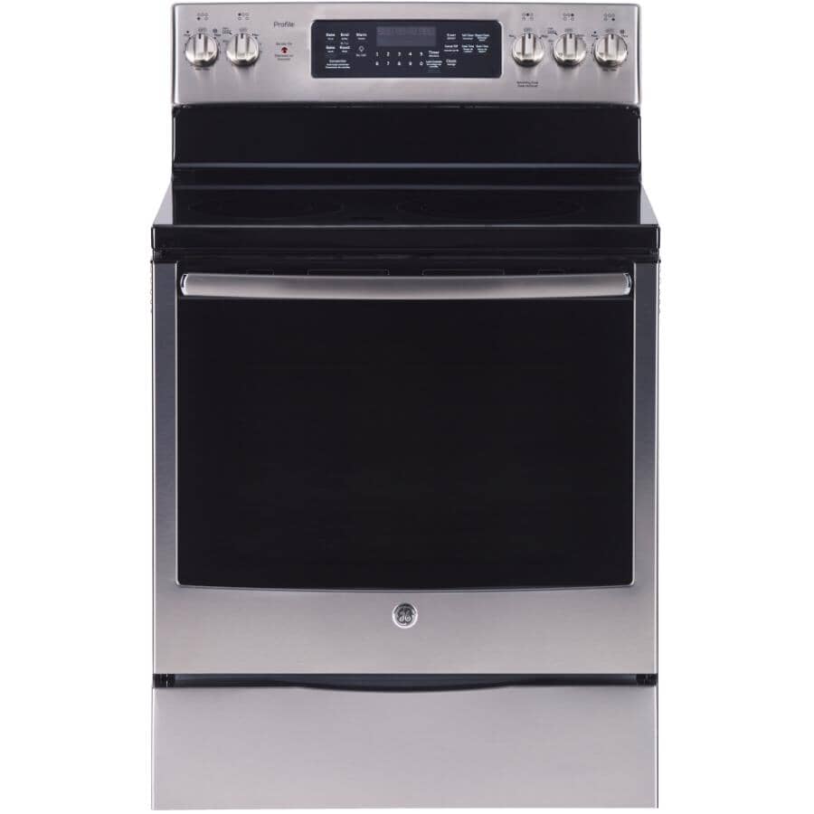 GE PROFILE:30" 6.2 cu. ft. Freestanding Smooth Top Electric Convection Range (PCB905YVFS) - with Air Fryer, Self-Cleaning, Stainless Steel