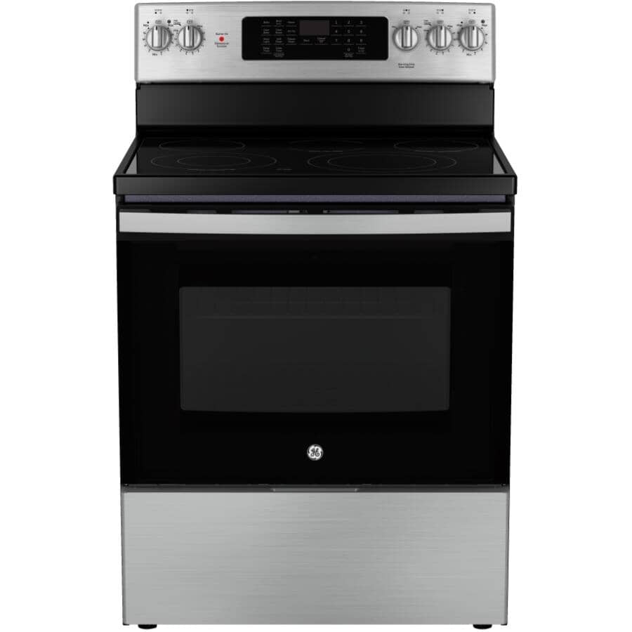 GE:30" 5 cu. ft. Freestanding Smooth Top Electric True Convection Range with No Preheat Air Fry + Hot Surface Indicator (JCB830STSS) - Stainless Steel