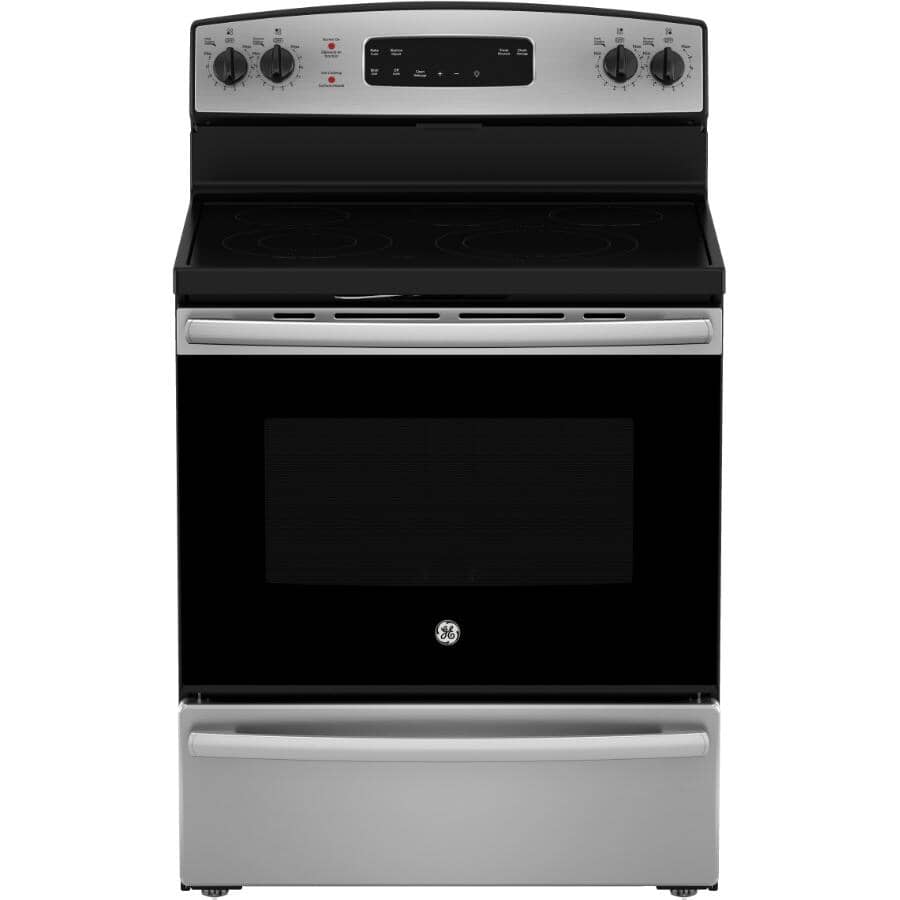 GE:30" 5 cu. ft. Freestanding Smooth Top Electric Range with Dual Bake Element (JCBS630SVSS) - Stainless Steel