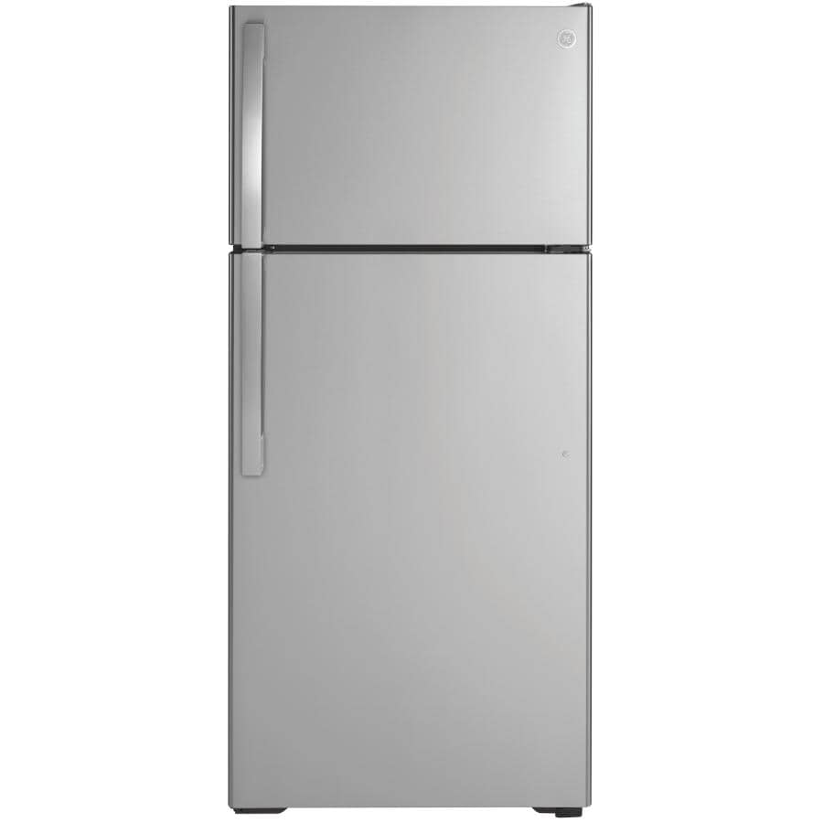 GE:28" 16.6 cu. ft. Top Freezer Refrigerator (GTE17GSNRSS) - Stainless Steel