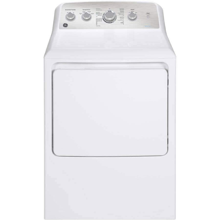 GE:27" 7.2 cu. ft. Top Load Gas Dryer (GTD45GBMRWS) - with Sanifresh Cycle + Extended Tumble, White