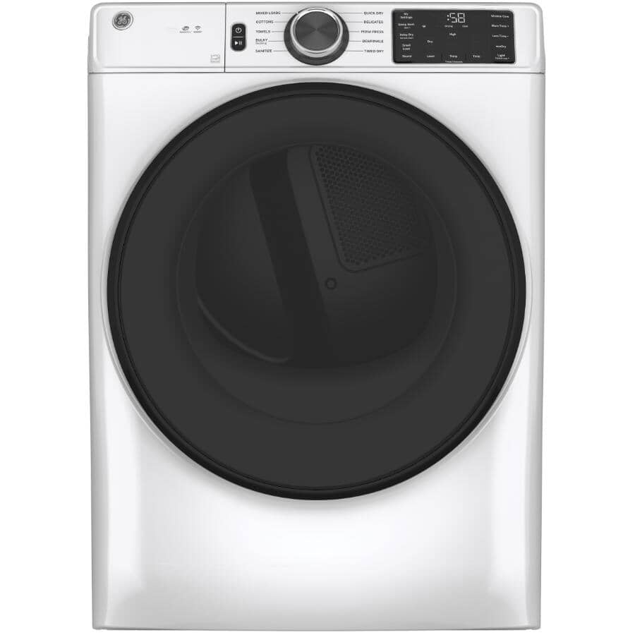 GE:28" 7.8 cu. ft. Front Load Gas Dryer (GFD55GSSNWW) - with Santize Cycle + Built-In Wifi, White