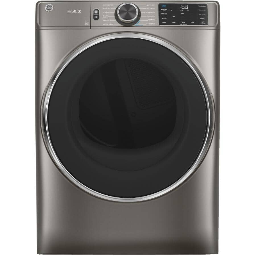 GE:28" 7.8 cu. ft. Electric Front Load Dryer (GFD65ESMNSN) - with Built-In Wifi, Satin Nickel