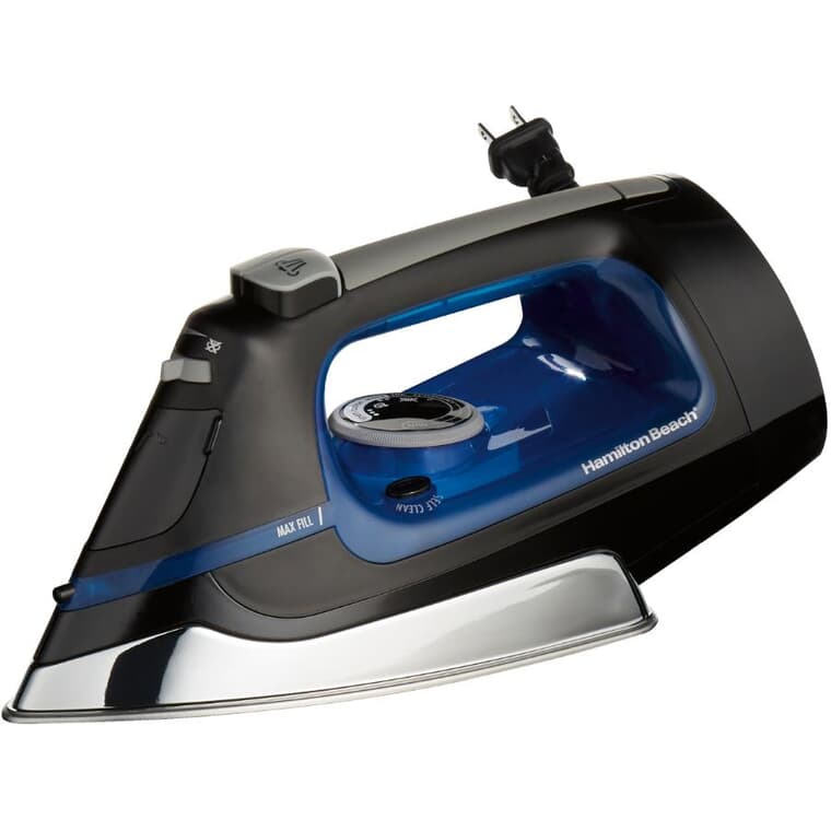 1500W Self Cleaning Steam Iron with Retractable Cord and Stainless Steel Soleplate - Blue