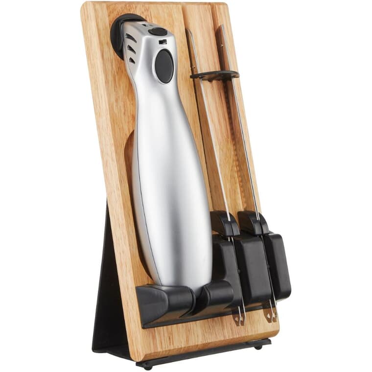 KURAIDORI Cordless Electric Knife, with Wooden Oak Stand + Safety Lock,  Silver