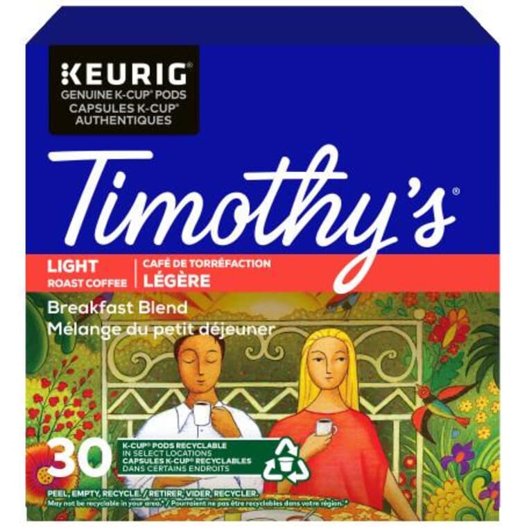Timothy's Breakfast Blend Light Roast Coffee K-Cup Pods - 30 Pack