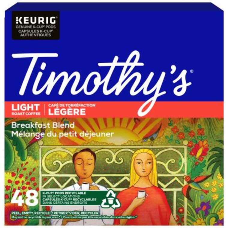 Timothy's Breakfast Blend Light Roast Coffee K-Cup Pods - 48 Pack