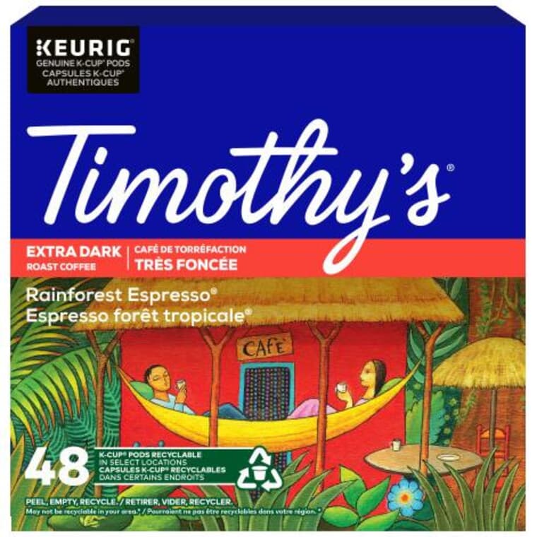 Timothy's Rainforest Espresso Extra Dark Roast Coffee K-Cup Pods - 48 Pack