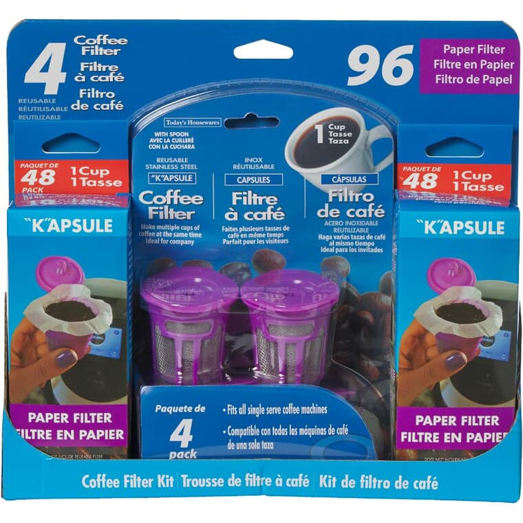 "K"apsule Reusable Coffee Filter Kit - 4 Cups, 96 Paper Filters