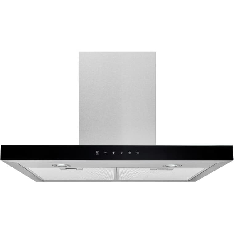 T-Shaped Wall Mounted Range Hood - with LED Light, 30", Stainless Steel + Black Glass