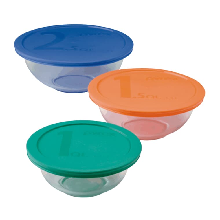 Glass Mixing Bowl Set - Assorted Colour Lids, 6 Pc