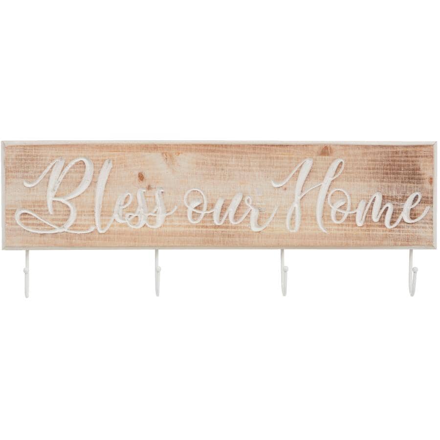 STREAMLINE ART:Bless Our Home Wall Plaque - with Hooks, 7" x 24"