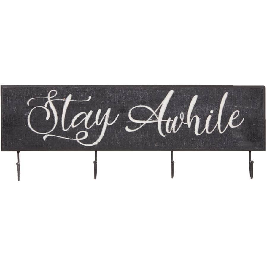STREAMLINE ART:Stay Awhile Wall Plaque - with Hooks, 7" x 24"