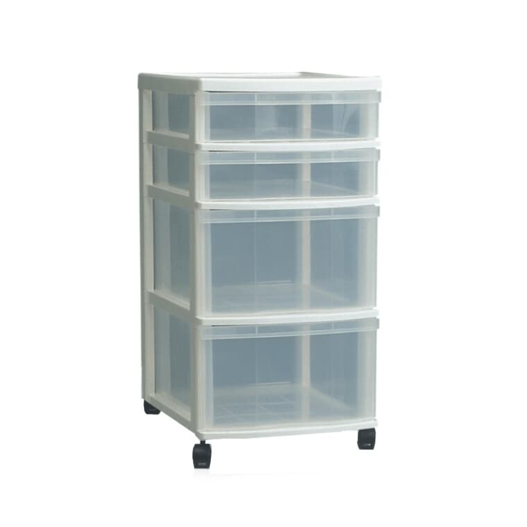 White Plastic 4 Drawer Chest, with Casters
