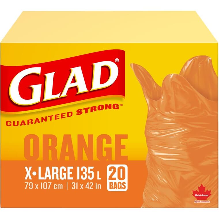 Paquet de 20 sacs à ordures Easy Tie de 31 po x 42 po, très grand, orange