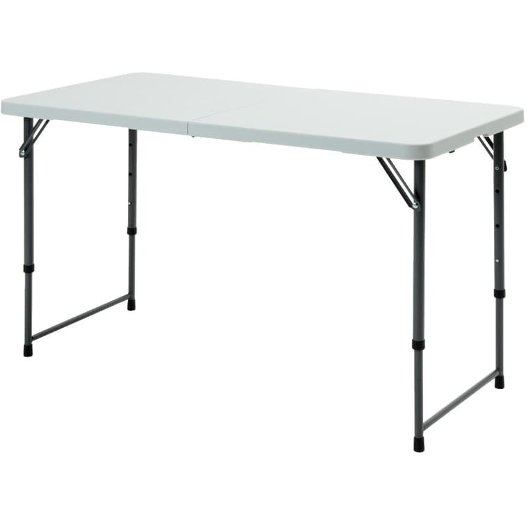 Table rectangulaire pliant au centre de 48 x 24 po en plastique avec pattes télescopiques, blanc