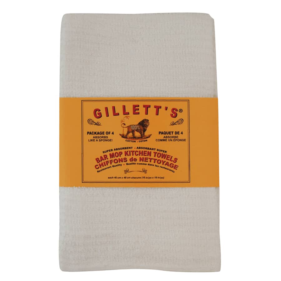 GILLETT'S:Serviette de bar en coton, blanc, 16 po x 19 po, paquet de 4