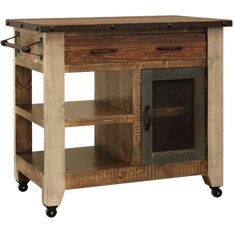 Antique Kitchen Island - Distressed Brown with Accent Colours, 39.25"